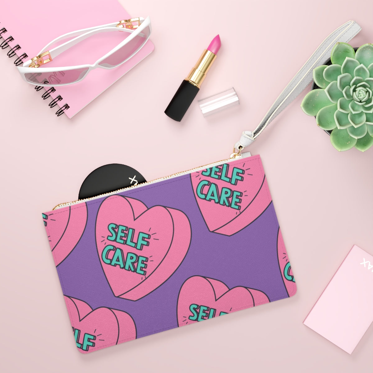 cute pouch with self care  theme purple and pink