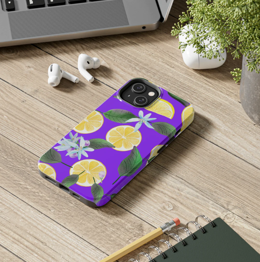 bright purple iphone case with lemons and blossoms